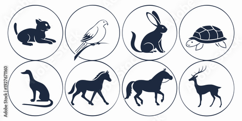 A diverse collection of animals in circular frames, showcasing various species and their unique characteristics. Vector