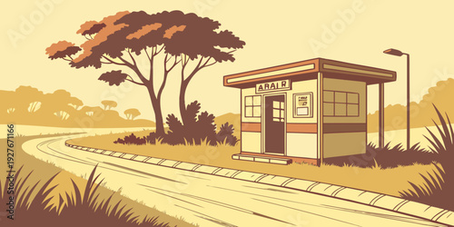 A quaint house under the shade of a large tree in a serene countryside setting. Vector
