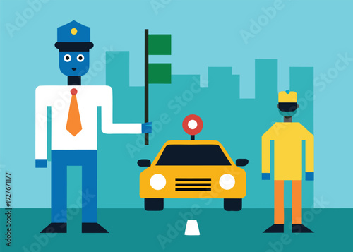 A robot traffic controller holds a flag next to a yellow car and person with a cityscape background.