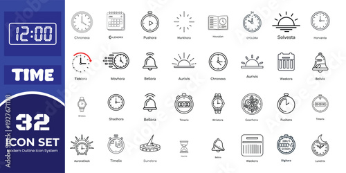 A collection of 32 time related icons in a set