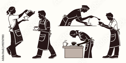 People engaged in various activities in a room with a table and a bookcase Vector