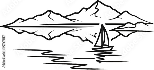Stylized line art depicts a sailboat on water with mountain reflections