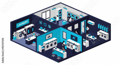 Isometric illustration of a modern office space with various workstations and technology.