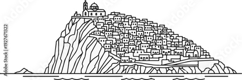 White line drawing of a cliffside village with a church at the peak