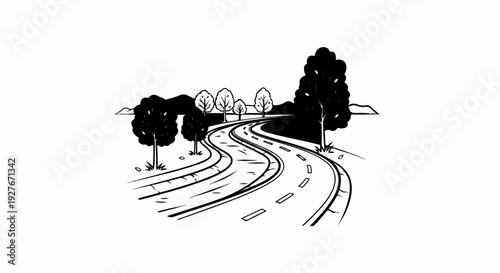 Winding asphalt road through trees and hills