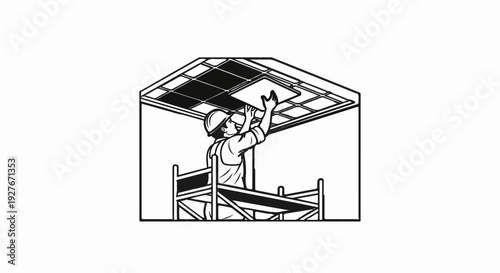 Worker on scaffolding installs ceiling tiles in a grid-like structure