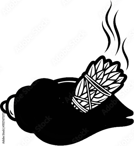 A black abstract shape with a bundle of leaves emitting smoke on top