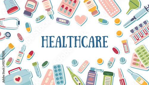 Medicine banner with pills, supplies and tools isolated on white. Concept of medicine, wellbeing and healthcare. Vector flat template with copy space.