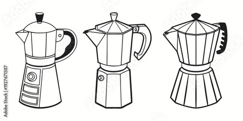 Three different types of coffee makers drawn in black and white Vector