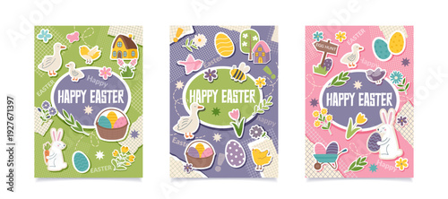 Set of Easter collage greeting cards with Easter objects in pop art style. Easter trendy posters. Concept of Easter, spring, holiday celebration.