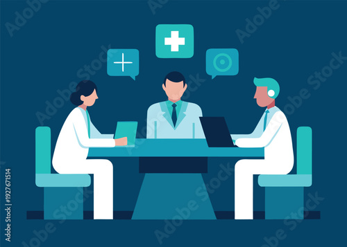 Three business executives and medical professionals collaborate at a table with speech bubbles showing medical icons while using technology.