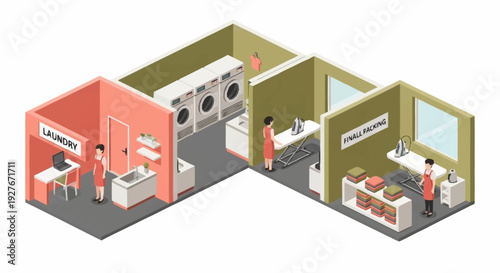 Isometric illustration of a laundry service facility with staff and equipment.