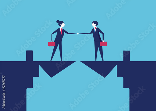 A business man and woman in suits shake hands across a broken bridge signifying connection.