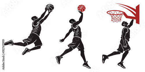 Three basketball players in action with a basketball hoop in the background Vector