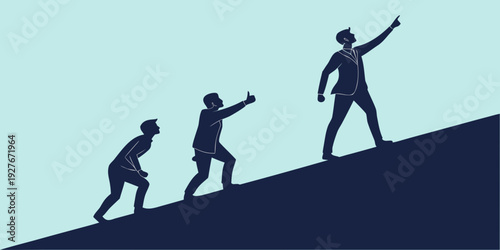 Three figures ascending a slope, symbolizing progress and evolution. Vector