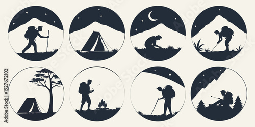 A sequence of eight images depicting a person performing various yoga poses. Vector