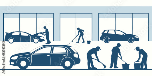 People are seen walking and working around a car dealership with various vehicles on display. Vector