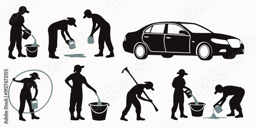 A sequence of icons depicting various activities related to car maintenance and repair. Vector