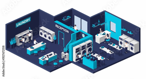 Isometric illustration of a modern office space with various workstations and equipment.