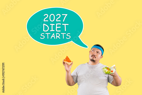 Overweight Man Choosing Between Pizza and Salad with 2027 Diet Starts Text