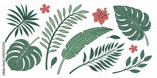 A vibrant illustration of tropical leaves and flowers in a symmetrical arrangement Vector