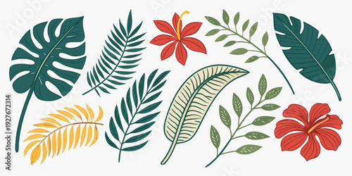 Vibrant tropical flowers and leaves in a colorful and artistic arrangement Vector