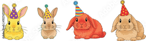 Brightly colored cartoon bunnies in decorated festival cones