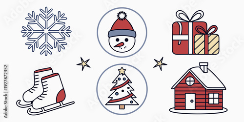 Six different symbols representing winter sports and activities, including skiing, snowboarding, and ice skating. Vector