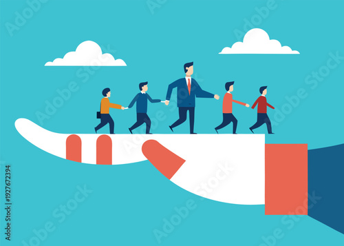 Business leader guides colleagues across a bridge formed by a giant supporting hand under a blue sky.