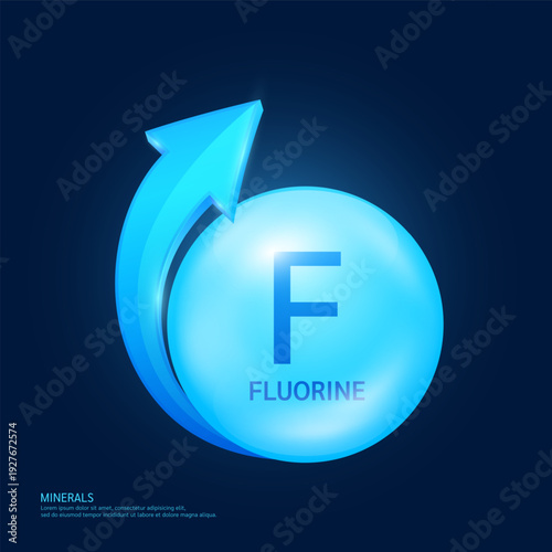 Fluorine minerals form blue ball circle with arrow on a dark background. Mineral vitamins complex essential supplement health. Food nutrition and medicine. Medical science concept. 3D Vector.