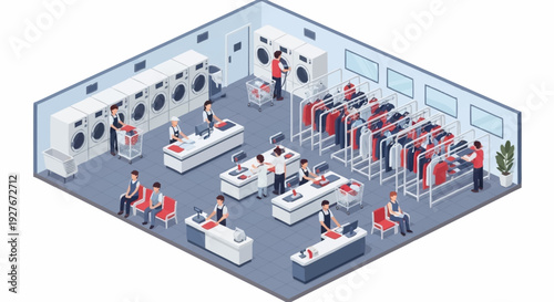 Laundry room with people doing chores and washing clothes.