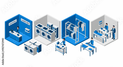 Isometric illustration of various industrial workstations and laboratories.