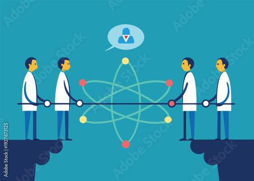 Four scientists connect a rope across a cliff gap, linking an atomic structure under an idea bubble.