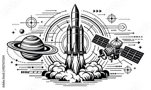 Line art space exploration set featuring a launching rocket, planet, and satellite for science and technology
