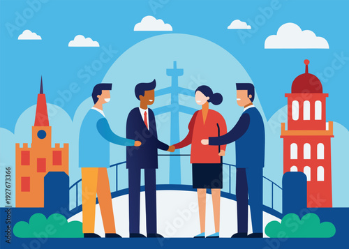 Four business professionals shake hands on a bridge in front of a cityscape with various historical buildings.