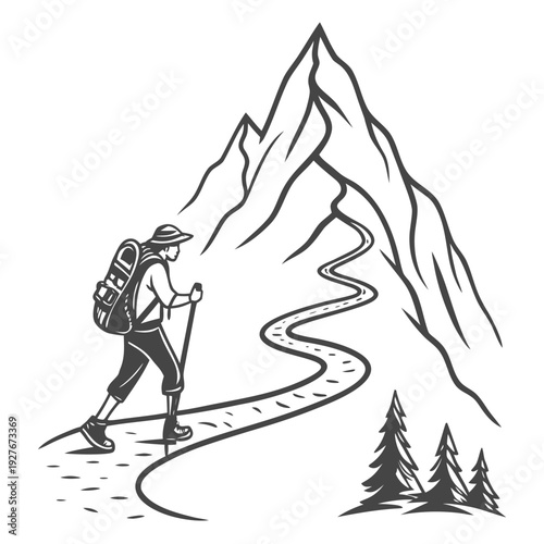 Hiker on a winding trail approaching a mountain