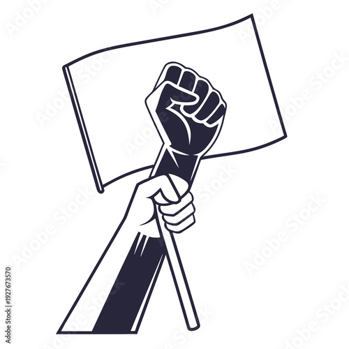 A hand holding a flag with a raised fist