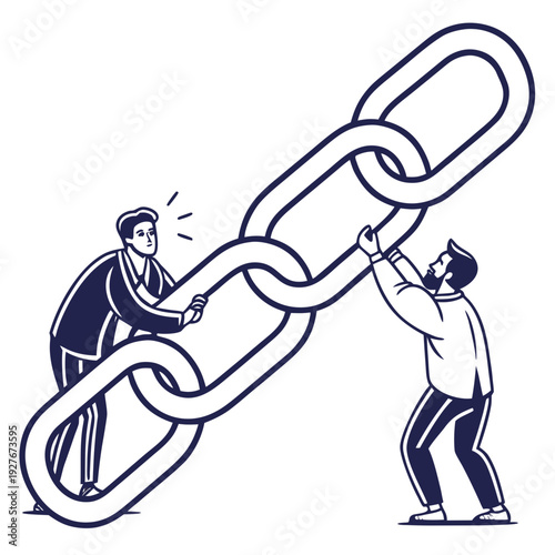 Two businessmen working together to connect a large chain link