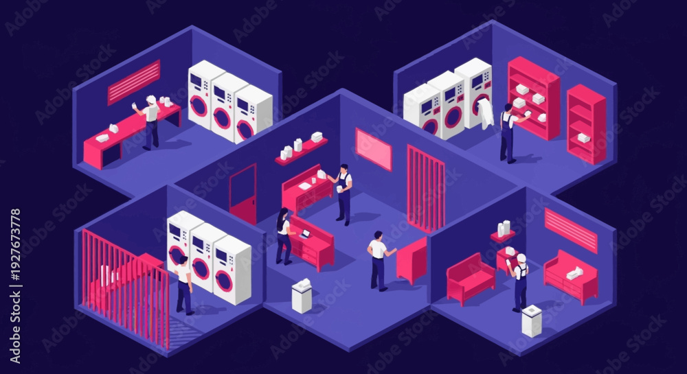 Obraz premium Isometric illustration of a laboratory setting with various rooms and scientists working.