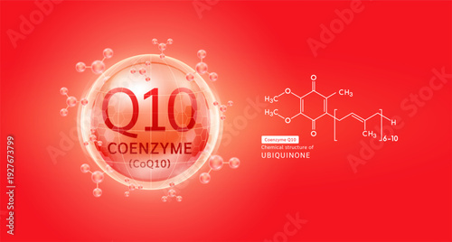 Red Coenzyme Q10 complex solution in hexagonal dome with molecules. Chemical structure of Ascorbic Acid. For cosmetic products ads or supplement. Medical health care skin protection. Vector EPS10.
