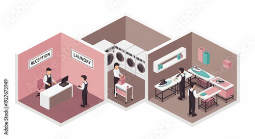 Isometric office illustration with reception, kitchen, and meeting room.