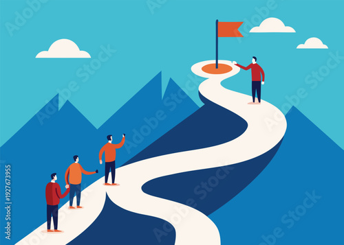 A business team climbs a winding mountain path towards a red flag at the summit, with one person placing the flag.