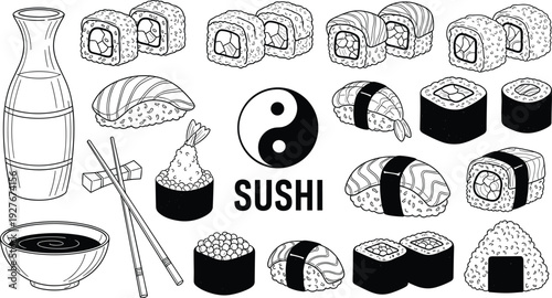 Sushi Collection Vector Illustration with Nigiri Maki Rolls Soy Sauce Chopsticks and Japanese Cuisine Elements