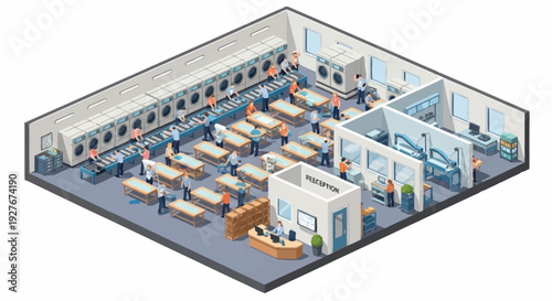 Isometric illustration of a modern office space with workstations and meeting rooms.