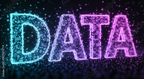 A futuristic neon data visualization with glowing pixels on a dark background