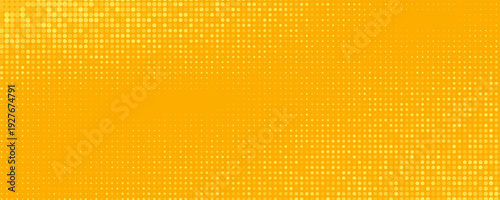 Yellow halftone pattern. Retro comic gradient background. Bright orange pixelated dotted texture overlay. Cartoon pop art faded gradient pattern. Vector backdrop for poster, banner, advertisement