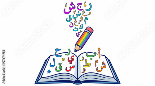 Arabic Alphabet Learning Vector – Colorful Letters with Open Book and Pencil for Educational Graphics, Language Posters, and Early Childhood Arabic Literacy Projects