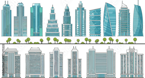 Modern City Skyline Buildings Collection Vector Illustration with Skyscrapers, Urban Architecture Set, Business District High Rise Design