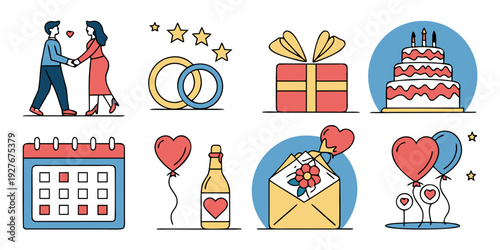 A vibrant illustration showcasing various symbols of celebration and festivity, including gifts, balloons, and confetti. Vector