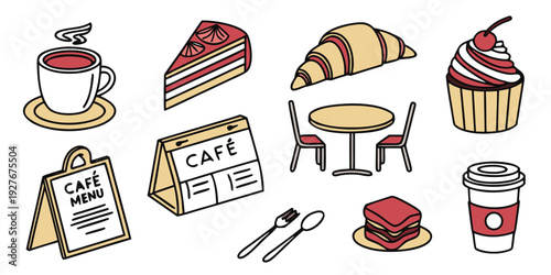 Assorted pastries and desserts displayed on a white background with a cookbook and utensils Vector